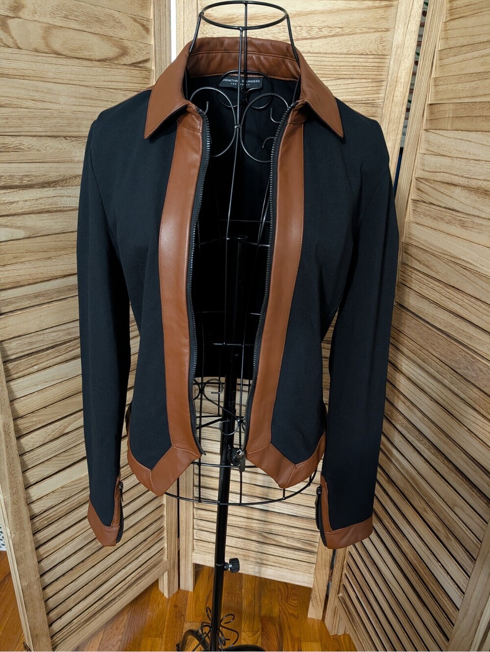 Jonathan Saunders Size Medium Faux Leather Trim Jacket Black Brown Full Zip